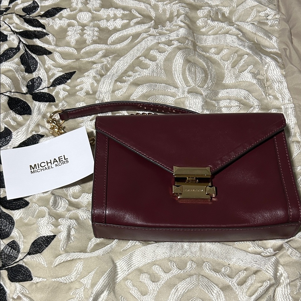 Michael Kors Burgundy Leather Envelope Clutch with Gold Hardware